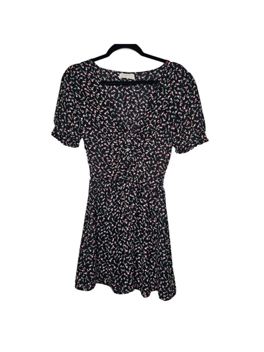 Urban Outfitters S Black Ditsy Floral Dress Mini Button Ruched Babydoll Feminine